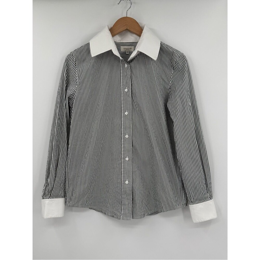 Lafayette 148 Metallic Stripe Button Down Shirt | Castle Grey Multi | M